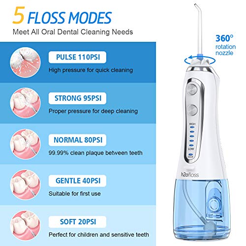 Irrigador Bucal Recargable Irrigador Dental Portátil con 6 Boquillas y 5 Modos de Limpieza, Limpieza de Dientes de Ortodoncia y Dientes de Implante, Lavado Pulsado de Dientes