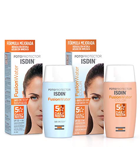 ISDIN Fusion Water Fotoprotector Facial SPF 50, de Fase Acuosa para Uso Diario, Textura Ultra Ligera + ISDIN Fotoprotector Fusion Water COLOR SPF 50, cobertura natural 50 ml