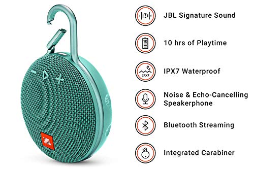 JBL Clip 3 Altavoz inalámbrico portátil con Bluetooth – Parlante resistente al agua (IPX7) – 10h de música continua – Turquesa