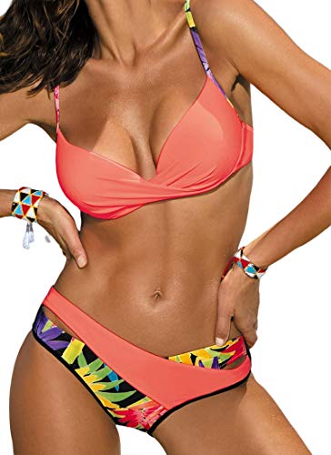 JFAN Conjuntos De Bikini Sexy Mujer Trajes De Baño Bañador Traje de Baño Acolchado con Aros Traje de Baño Floral de Colores Dulces