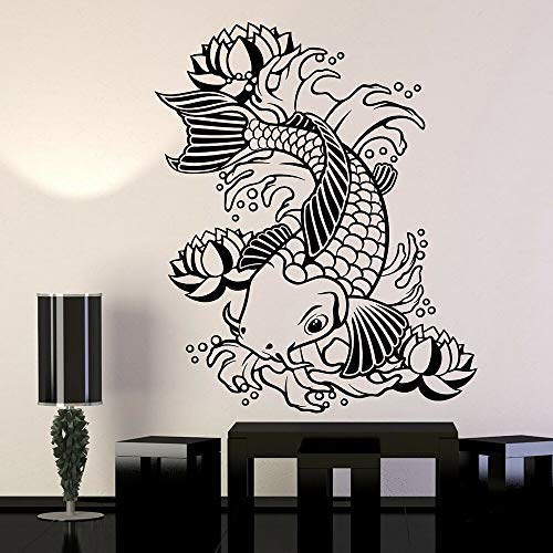 jiuyaomai Peces de Vinilo Tatuajes de Pared Koi Peces japoneses Flor de Lirio de Agua Etiqueta de la Pared Estilo asiático Sala de Estar Decoración Etiqueta C57x69cm