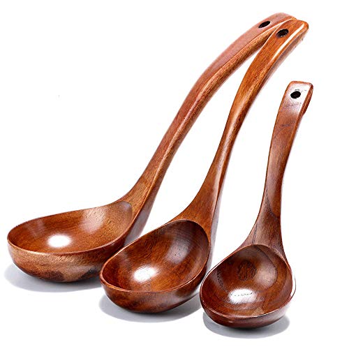 Jixista Cucharas de Madera Cucharas Mango Largo Cuchara para Sopa Cucharas de Sopa de Mango Largo de Madera Japonesa 3pcs para comer Mezclar Mezclar Cocinar para el restaurante en casa