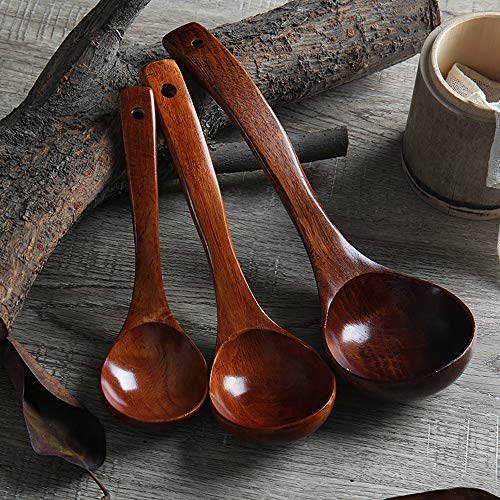 Jixista Cucharas de Madera Cucharas Mango Largo Cuchara para Sopa Cucharas de Sopa de Mango Largo de Madera Japonesa 3pcs para comer Mezclar Mezclar Cocinar para el restaurante en casa