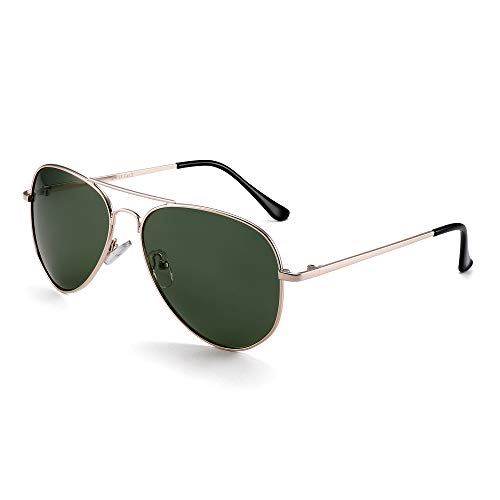 JM Gafas de sol piloto polarizadas retro hombres, mujeres, gafas de sol con montura de metal, protección UV 400 (montura dorada clara/lente verde polarizada)