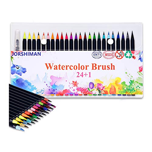 JORSHIMAN Rotuladores Punta Pincel, Rotuladores Pincel, Watercolor Brush Pen, Set de 24 Rotuladores Acuarelables y 1 Pincel de Agua - Punta Suave, No toxica, Reciclable