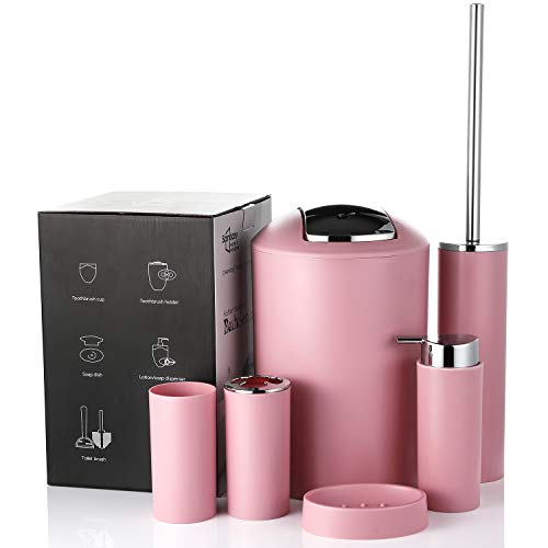 JOTOM Juego de Accesorios de Baño 6 Piezas,Cubo de Basura,Jabonera,Dispensador de jabón,Vaso,Vaso para Cepillo de Dientes y escobilla (Rosa)