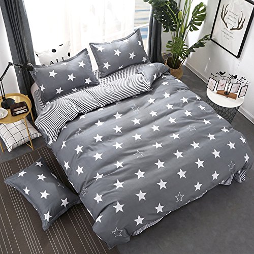 Juego de Ropa de Cama 4 Piezas Incluye 1 Funda Nórdica de Edredón + 1 Colcha de Cama o Sábana + 2 Fundas de Almohada,Estrellas Blancas Sobre fondo Gris Juego de Funda Nórdica (180x220cm)