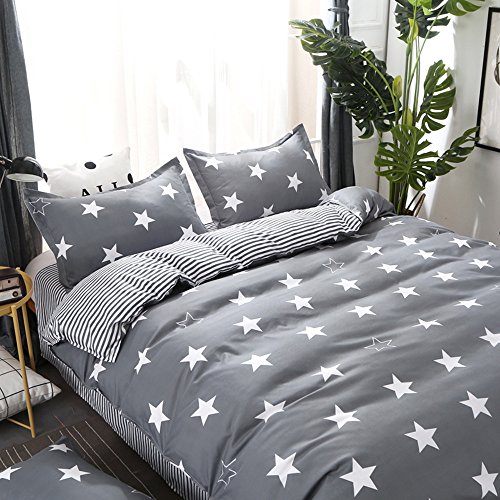 Juego de Ropa de Cama 4 Piezas Incluye 1 Funda Nórdica de Edredón + 1 Colcha de Cama o Sábana + 2 Fundas de Almohada,Estrellas Blancas Sobre fondo Gris Juego de Funda Nórdica (180x220cm)