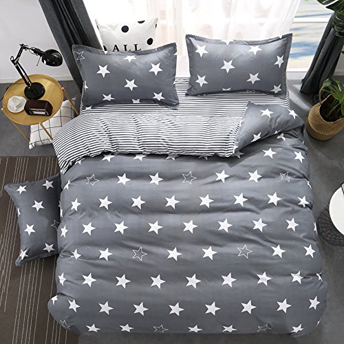 Juego de Ropa de Cama 4 Piezas Incluye 1 Funda Nórdica de Edredón + 1 Colcha de Cama o Sábana + 2 Fundas de Almohada,Estrellas Blancas Sobre fondo Gris Juego de Funda Nórdica (180x220cm)