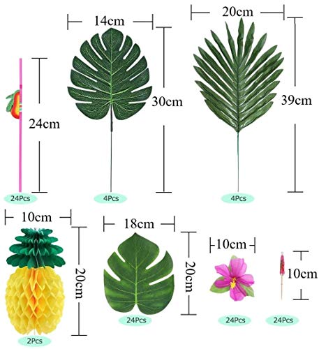 KAHEIGN 107Piezas Juego de Decoración de Fiesta Hawaiana Luau, Falda de Mesa Hawaiana de 9 Pies 3 Estilos Hojas de Palma Flores Hawaianas Tejido Piña Paraguas Multicolores Pajitas de Frutas 3D