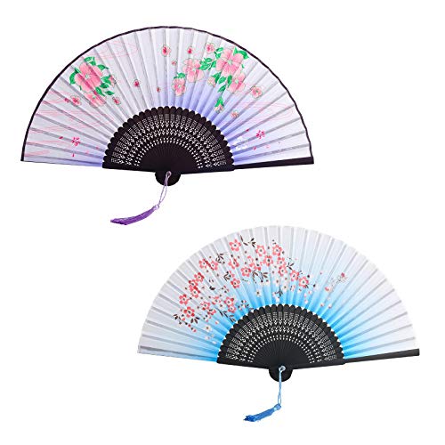 KATOOM Abanico Verano 2pcs Plegable Estilo Chino y japonés Ventilador Flor Madera de Mano violáceo y Azul para enfiar el Cuerpo Bajar Calor y Decorar Boda Cosplay casa Mesa y Fiesta