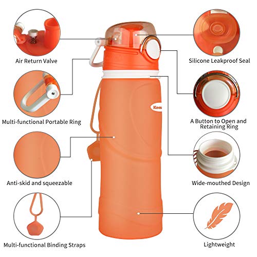 Kemier Botellas de Agua de Silicona Plegables–750ML,Calidad Médica Libre de BPA,Aprobado por FDA.Enrollarse,Botellas de Agua Plegables a Prueba de Fugas para el Aire Libre y Deportes(Naranja)