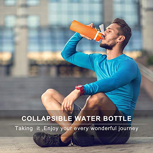 Kemier Botellas de Agua de Silicona Plegables–750ML,Calidad Médica Libre de BPA,Aprobado por FDA.Enrollarse,Botellas de Agua Plegables a Prueba de Fugas para el Aire Libre y Deportes(Naranja)