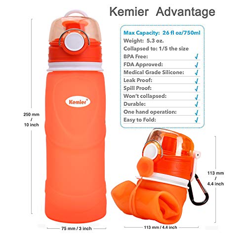 Kemier Botellas de Agua de Silicona Plegables–750ML,Calidad Médica Libre de BPA,Aprobado por FDA.Enrollarse,Botellas de Agua Plegables a Prueba de Fugas para el Aire Libre y Deportes(Naranja)