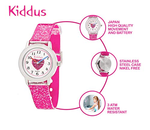 KIDDUS Reloj de Pulsera analógico para niña, Chica. con Ejercicios educativos para Aprender la Hora. Mecanismo de Cuarzo japonés Purpurina, Elegante y a la Moda. FAB2 Corazón