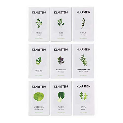 Klarstein GrowIt Seeds Lote de Semillas - 9 paquetitos, Asia: Cilantro, albahaca tailandesa, Allium tuberosum, Europa: tomillo, Salvia, perejil, Ensalada: lollo bionda, pak Choi, rúcula