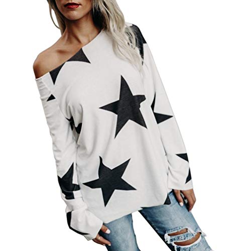 Kneris Mujer Jersey Suelto Camisetas Impresión de la Estrella Otoño Pull-Over Jumper