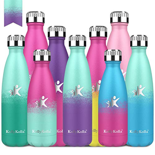 KollyKolla Botella de Agua Acero Inoxidable, Termo Sin BPA Ecológica, Botella Termica Reutilizable Frascos Térmicos para Niños & Adultos, Deporte, Oficina, (500ml Macaron Verde + Púrpura Oscuro)