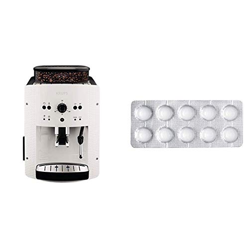 Krups EA810570 Cafetera automática 15 bares de presión, 1450 V, 1.6 L, acero inoxidable + Espresseria Automatic Pastillas limpiadoras para maquinas de café, Blanco