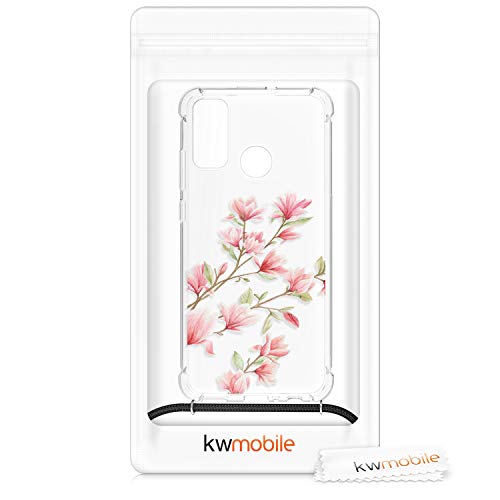 kwmobile Funda con Cuerda Compatible con Huawei P Smart (2020) - Carcasa de TPU con Colgante Magnolias Rosa Claro/Blanco/Transparente