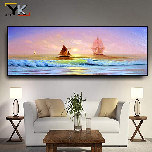 KWzEQ Lienzo Mural Moderno Cartel de Paisaje Marino Mural nórdico Sala de Estar Barco mar Lienzo Pintura,60X120cm,Pintura sin Marco