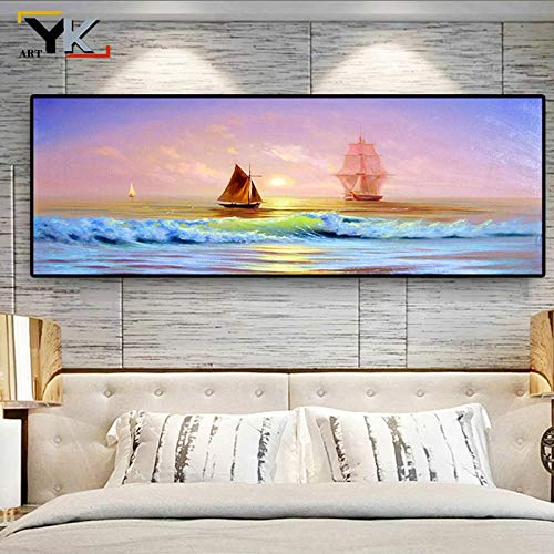 KWzEQ Lienzo Mural Moderno Cartel de Paisaje Marino Mural nórdico Sala de Estar Barco mar Lienzo Pintura,60X120cm,Pintura sin Marco