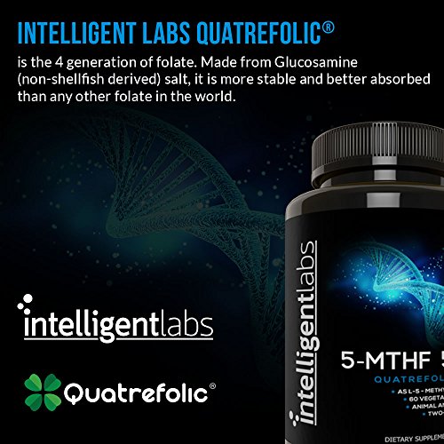 L-5 MTHF 1 mg de Intelligent Labs, 120 cápsulas, 4 meses, Mejor relación calidad-precio, Suplemento de ácido fólico activo L-5-metiltetrahidrofolato en forma de folato activo Quatrefolic Acid