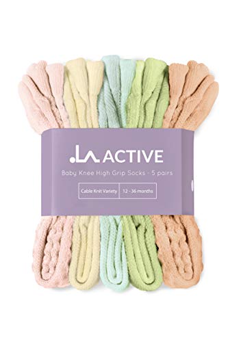 LA Active Calcetines Altos Rodilla Antideslizantes - 5 Pares - para Bebé Niños Niñas Infantil - Algodón de Hilo Tejida (Pasteles, 6-12 Meses)