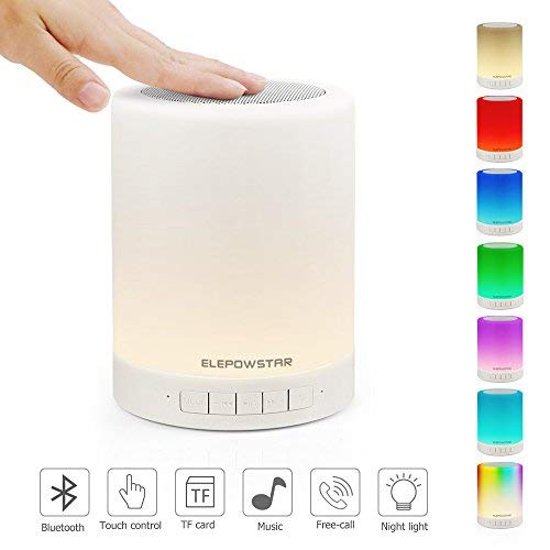 Lámpara de Noche LED, ELEPOWSTAR Luz de Noche con Altavoz Bluetooth, Brillo Ajustable y Cambiar 7 Colores, Lámpara de Mesa Noche con Control Táctil, Soporte para Bluetooth, Reproductor de MP3