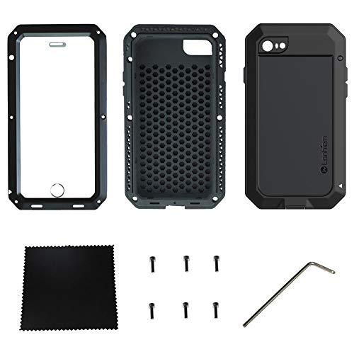 Lanhiem Funda iPhone 5S [Rugged Armour] Antigolpes Metal Estuche Protectora, Absorción de Choque y Duradera Fundas con Protector de Pantalla Vidrio Carcasa para iPhone 5 5s se, Negro