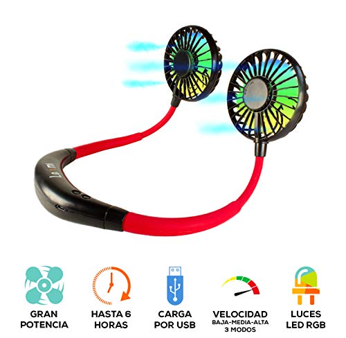 Le-mi Mini Ventilador de Cuello USB Recargable Potente portátil LED Colgante Manos Libres pequeño con batería de 2000 mAh (Negro/Rojo)