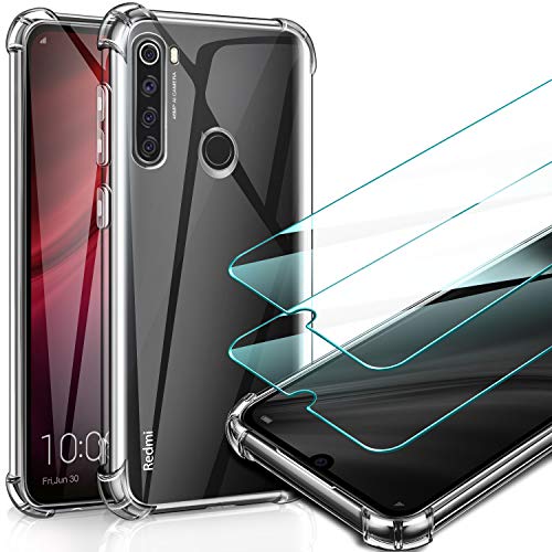 Leathlux Funda Xiaomi Redmi Note 8T + 2 Pack Cristal Templado Protector de Pantalla Xiaomi Redmi Note 8T, Ultra Fina Silicona Transparente TPU Carcasa Anti-Choque Anti-arañazos Cover Redmi Note 8T