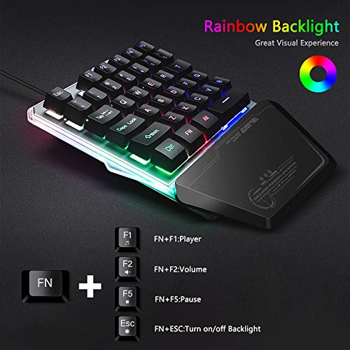 Lexon Tech G40 Teclado para Juegos con una Sola Mano, con Cable 35 Teclas Rainbow, retroiluminación por LED, Mini Teclado para Juegos, Teclado de una Mano para computadora portátil PC (Negro)