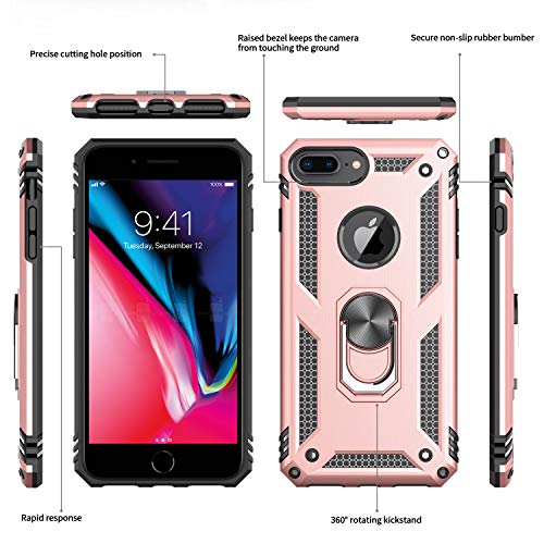 LeYi Funda iPhone 6 Plus / 7 Plus / 8 Plus Armor Carcasa con 360 Anillo iman Soporte Hard PC y Silicona TPU Bumper antigolpes Case para movil iPhone 7/8 Plus con HD Protector de Pantalla,Oro Rosa