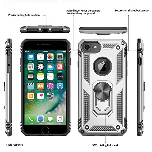 LeYi Funda iPhone SE 2020/6 / 6S / 7/8 Armor Carcasa con 360 Anillo iman Soporte Hard PC y Silicona TPU Bumper antigolpes Fundas Case para movil iPhone 7 con HD Protector de Pantalla,Plata