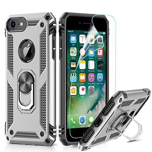 LeYi Funda iPhone SE 2020/6 / 6S / 7/8 Armor Carcasa con 360 Anillo iman Soporte Hard PC y Silicona TPU Bumper antigolpes Fundas Case para movil iPhone 7 con HD Protector de Pantalla,Plata