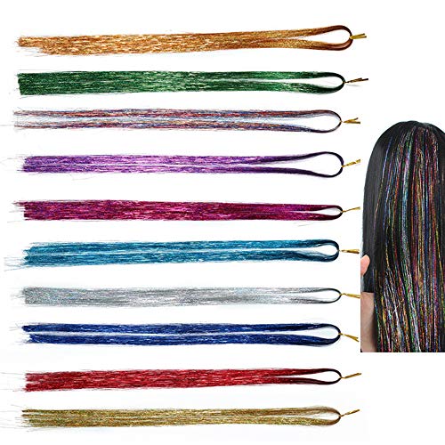 Lezed Pelo de Oropel Extensiones de Pelo para Trenzas Brillante Extensión de Cabello de Oropel para Niñas Mujeres Fiesta Extensiones de Brillo Tiras de Cabello 93cm 10 Colores