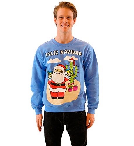 Life Clothing Co. Feliz Navidad Santa Fiesta luz Azul Forro Polar Ugly Christmas Sweater Sudadera