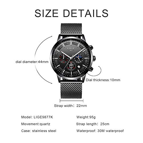 LIGE Relojes Hombres Moda Negro Acero Inoxidable Analógico Cuarzo Relojes Hombres Impermeable Deporte Cinturón de Malla Relojes