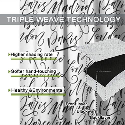 LISUMAL Cortinas de Salon Dormitorio Moderno 116x183cm，Nombres de Ciudades París Madrid Barcelona Roma Londres Tinta Pincel Moderno Caligrafía，Opacas Termicas Aislantes Ventana Fruncido 2 Piezas