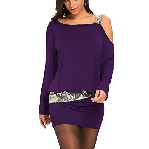 LMMVP Vestidos Mujer Casual,Moda Mujer Sexy sin Tirantes Hombro frío Lentejuelas Bling Mini Cazadora Vestido (XL, Púrpura)