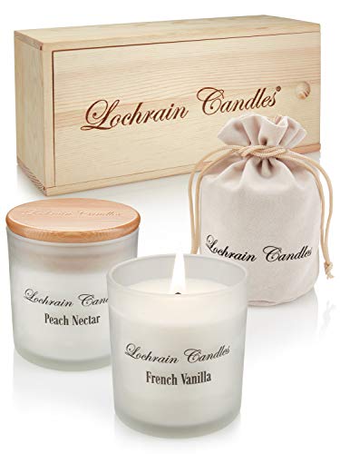 LOCHRAIN Set Velas Perfumadas de Soja – Aromaterapia Ecológica – Lavanda, Vainilla Francesa y Néctar de Durazno - Velas Aromaticas con Aceites Esenciales y Productos Botánicos - Caja de Madera