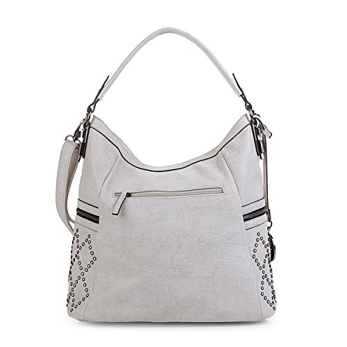 Lois - Bolso de Mujer Grande Tipo Hobo. Asa Larga y Bandolera. Cuero PU y Remaches. para Diario Paseo o Compras. Cómodo y Resistente. Marca Calidad y Bonito Diseño. 93970, Color Blanco Roto