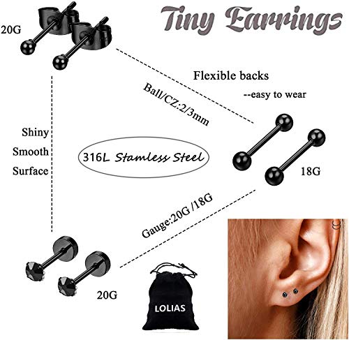 LOLIAS 30PCS Acero Inoxidable Aros Pequeños Pendientes Cartílago para Mujeres Hombres Helix Pendientes Negro Aretes Tragus Círculo Piercing de Oreja CZ Bola Piercing Cartílago para Mujer Hombre 20G