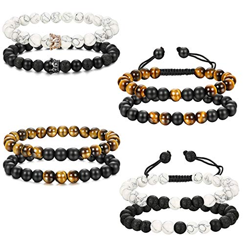 LOLIAS 8Piezas 8MM Distancia Pulsera Piedra Pulseras Hombre Mujer Pareja Brazalete Blanca Piedra de Lava Pulsera Difusor Pulsera Elástic Amistad Relación Pulsera Amor His Queen Her King