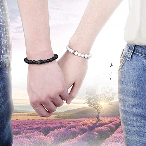 LOLIAS 8Piezas 8MM Distancia Pulsera Piedra Pulseras Hombre Mujer Pareja Brazalete Blanca Piedra de Lava Pulsera Difusor Pulsera Elástic Amistad Relación Pulsera Amor His Queen Her King