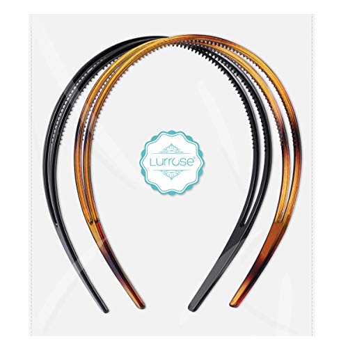 Lurrose Diadema de plástico duro de 2 piezas diadema de doble fila diadema de peine de dientes minimalista para mujer (negro y marrón)