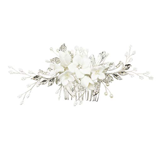 Lurrose Granos de cristal Peine del pelo Flor de cerámica blanca Joyería nupcial del pelo Peine del lado Broche cabello Accesorios boda Gorros para mujeres niñas