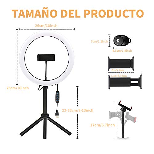 Luz de Anillo de 10 Pulgadas,3 Colores 10 Brillos Regulables,Luz de Anillo LED Selfie con Trípode Stand,Control Remoto Bluetooth, Anillo de Luz para Móvil Selfie Maquillaje,Youtube,TIK Tok Live