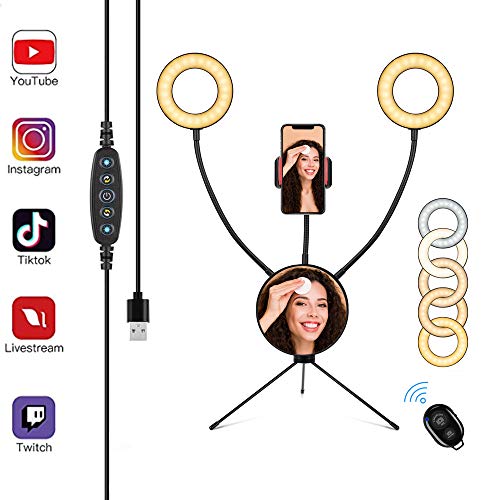 Luz de Anillo LED 5" fotográfica de Escritorio, 5 Colores 6 Brillos Regulables Wireless Control Remoto, Trípode con Soporte Giratorio de teléfono para Selfie, Maquillaje, Youtube, TIK Tok